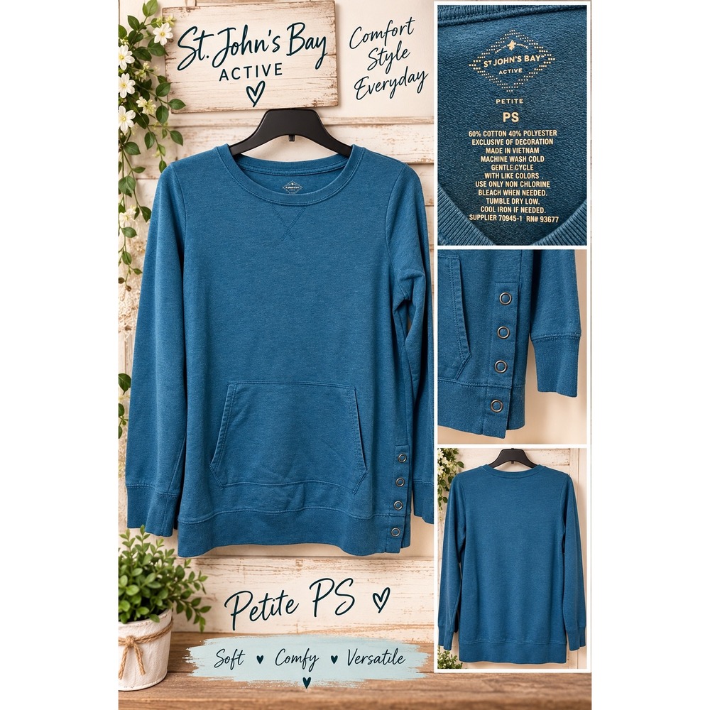St. John's Bay Active Teal Blue Snap Side Petite Sweatshirt PS